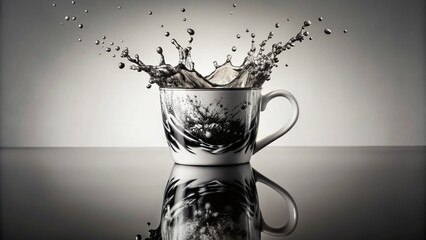 Monochrome Soy Ink Mug with Water Splash – Symmetrical Design, Stock Photo