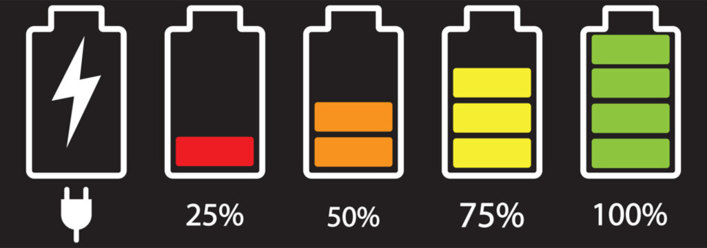 Battery icon set. High quality colorful style vector icons. Green 100% 75%, orange 50%, red 25% 0, batteries. Batery charge indicator. Baterry level, energy, full. Power low up status batteries logo.