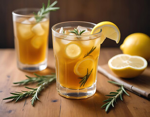 Fototapeta premium Refreshing ginger iced tea with lemon and rosemary on wooden table.