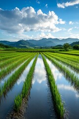 Naklejka premium Rice Paddies Reflecting Sky and Mountains