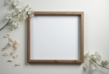 Blank wooden frame with white background and white flowers  