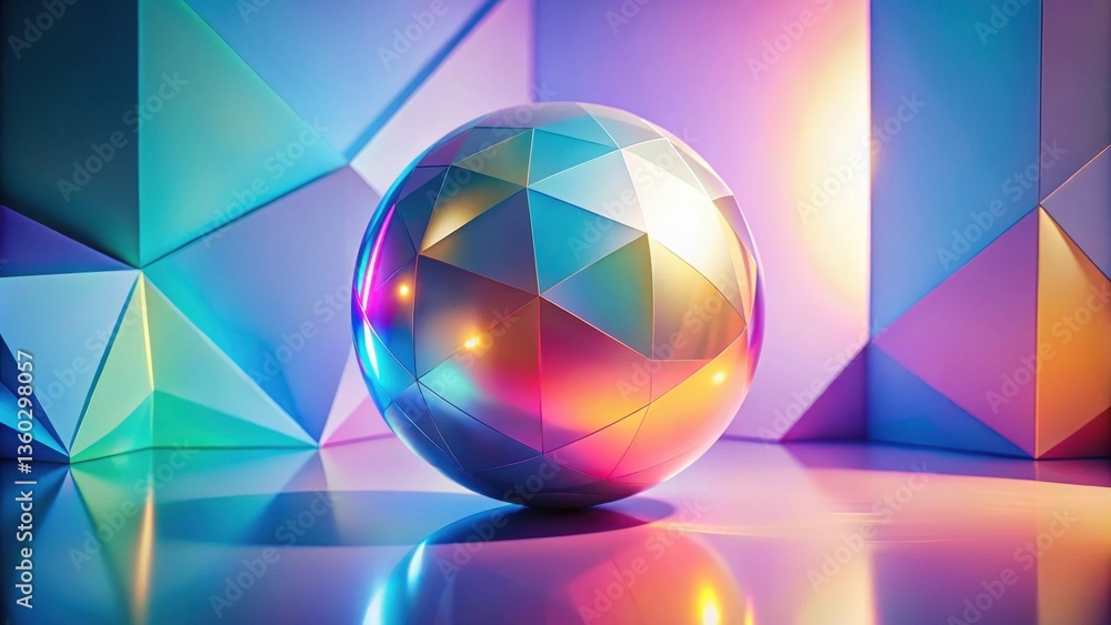 Aufkleber Abstract iridescent sphere resting on reflective surface within a colorful geometric structure