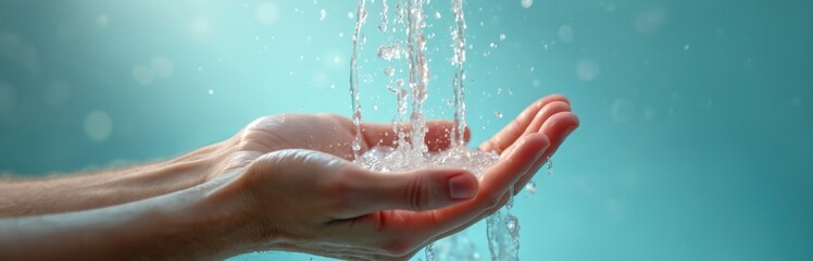 Fototapeta premium Man holds hands under flowing water. Water pours on palms. Clear water stream, close-up, wet, fresh, clean, healthy skin, hygiene, home, bathroom, wellness, healthcare, purity. Background with copy