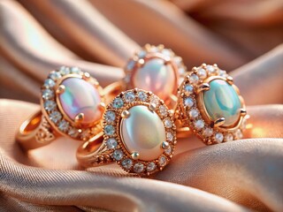 Panoramic Elegant Rose Gold Opal & Diamond Rings on Luxurious Fabric