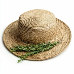 A straw boater hat is adorned with a fragrant sprig of rosemary, resting against a pristine white backdrop.