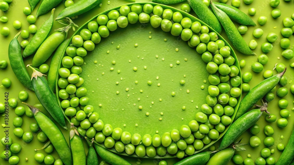 Poster a vibrant green arrangement of fresh peas forming a circular frame on a matching background