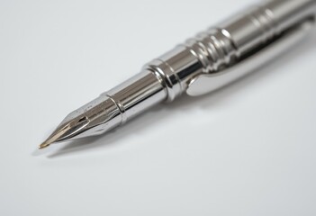 Silver fountain pen close-up against a white background  