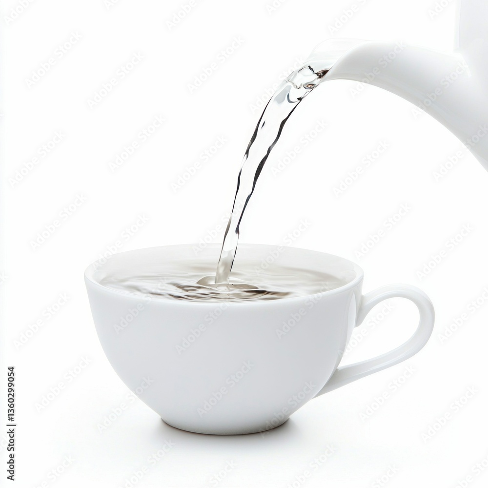 Poster Clear water flows from a white pitcher, filling a matching cup in a simple studio setup.