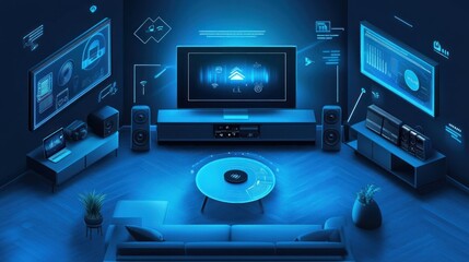Smart home entertainment system with futuristic displays and audio.