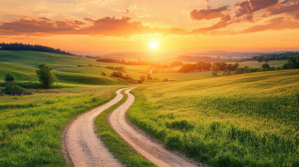 Naklejka premium A picturesque rural summer landscape featuring a green field, a winding dirt road, and a breathtaking sunset sky