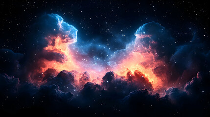 Fototapeta premium Vibrant cosmic nebula illuminated by fiery orange and blue hues, set against a starry backdrop