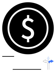 Large black circle with dollar sign emphasizing finance choices, paired with arrows showing diverging paths. Ideal for money management, budget planning, direction, options, savings, decision, flat