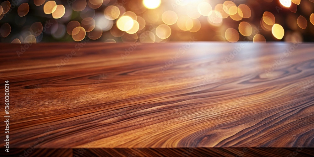 Aufkleber rich wooden tabletop with warm bokeh background for product display