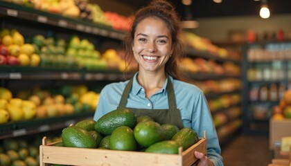 Smiling female worker carries crate fresh avocados in grocery store. Smiling woman at work holding avocado box. Healthy organic food. Grocery store shelves in background. Smiling cheerful.