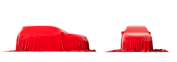 SUV car under red cloth. Isolated. On a white background. 3d rendering.