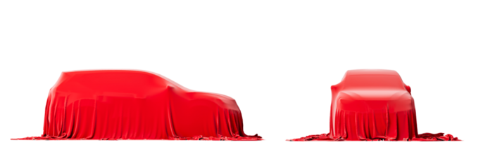 SUV car under red cloth. Isolated. On a white background. 3d rendering.