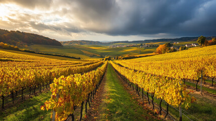 A picturesque vineyard landscape in Burgundy, France, during the autumn harvest season, showcasing golden vines and the beauty of Saint Romain
