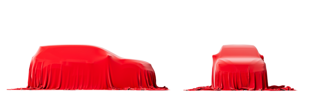 SUV car under red cloth. Isolated. On a white background. 3d rendering.