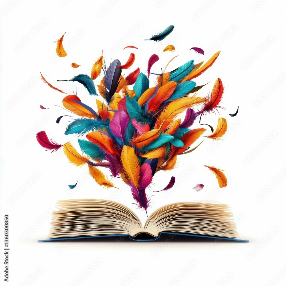 Poster colorful feathers fly from an open book, symbolizing the boundless power of imagination and knowledg