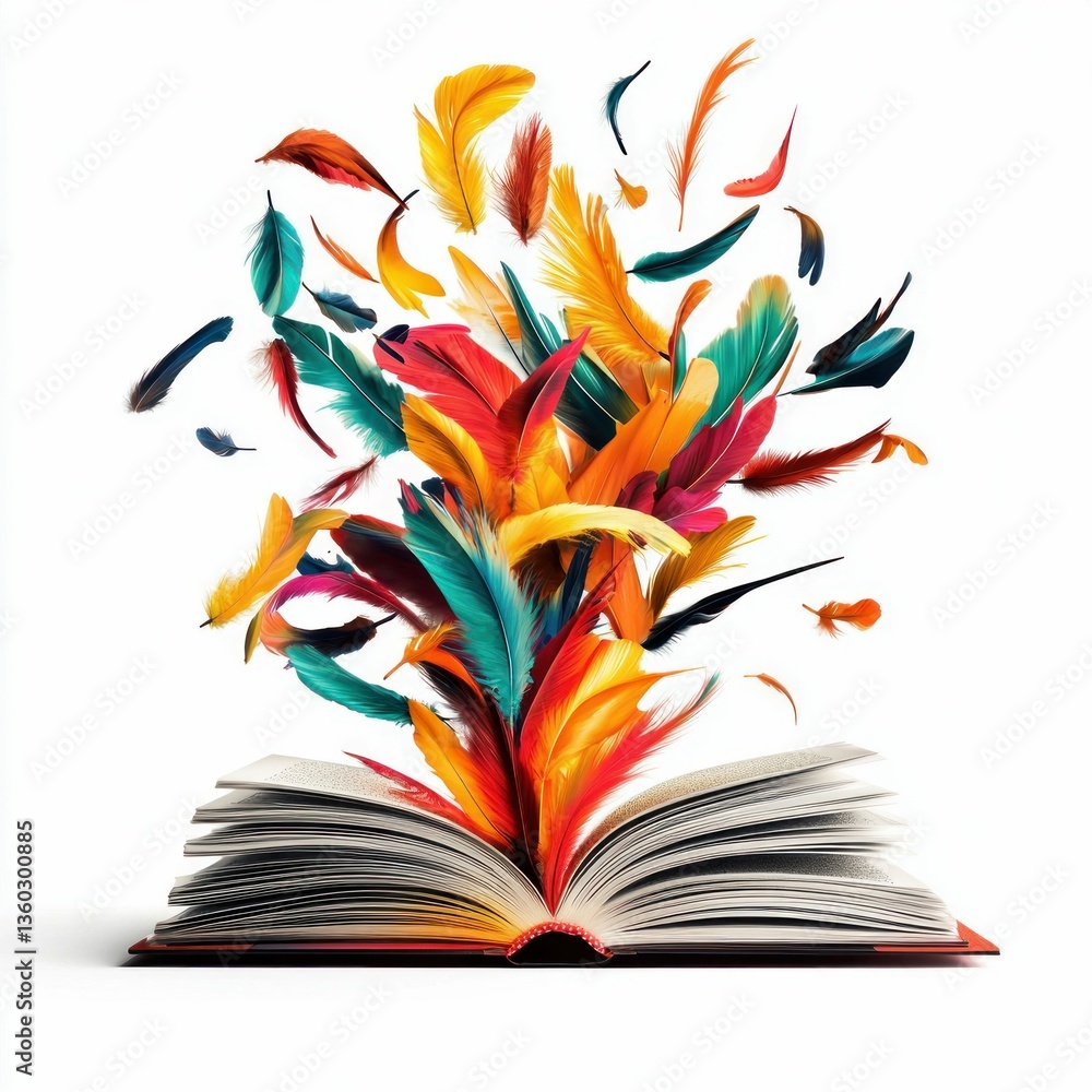 Poster a vibrant explosion of colorful feathers erupts from an open book, symbolizing imagination and knowl