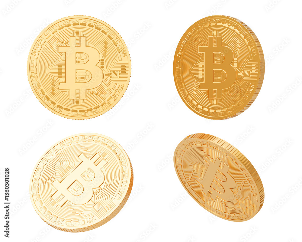 Aufkleber golden bitcoin coin from different sides on a white background. isolated. 3d rendering
