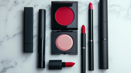 Makeup application showcase beauty studio product photography indoor flat lay red lipstick focus