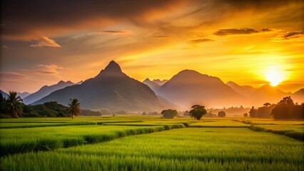 Naklejka premium Serene Silhouette of Rice Paddies and Majestic Mountains at Sunset