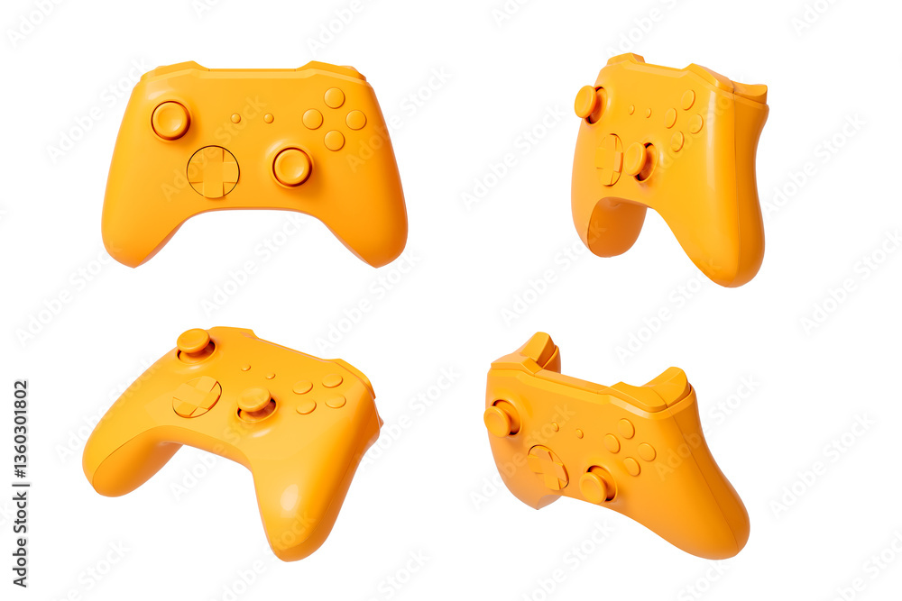 Poster yellow gaming joystick from different sides on a white background. isolated. 3d rendering