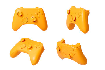 Yellow gaming joystick from different sides on a white background. Isolated. 3d rendering