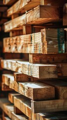 Fototapeta premium Close-up of wooden planks with visible annual rings, illuminated by warm light. Use in blogs about woodworking, to illustrate articles about construction.