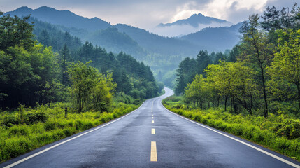 Naklejka premium A scenic nature landscape of an asphalt road leading through a green forest and mountain region in Hangzhou, China