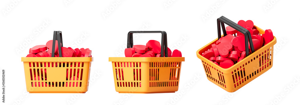 Poster yellow basket with red hearts from different sides on a white background. isolated. 3d rendering