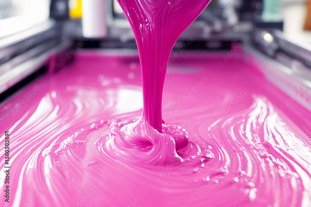 Poster close-up of vibrant pink ink flowing in printing machine generative ai