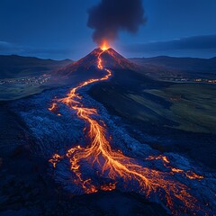 Fototapeta premium Dramatic volcanic eruption at night