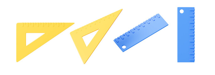 Multi-colored rulers of different shapes from different sides. Isolation. On a white background. 3d rendering.