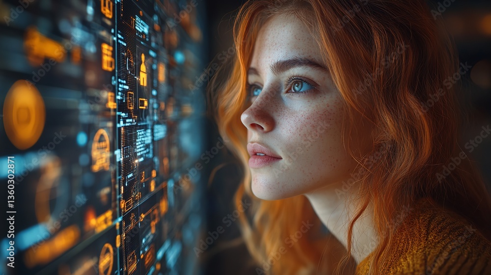 Aufkleber woman with red hair looking at a screen displaying complex data and digital information flow pattern