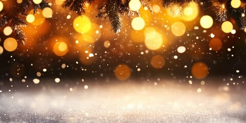 Naklejka premium Soft snowfall with blurred winter lights flakes of snow falling slowly against the background of the warm glow of the garlands, creating the effect of a winter fairy tale. 