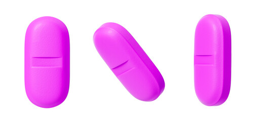 Purple medical pill from different sides on a white background. Isolated. 3d rendering