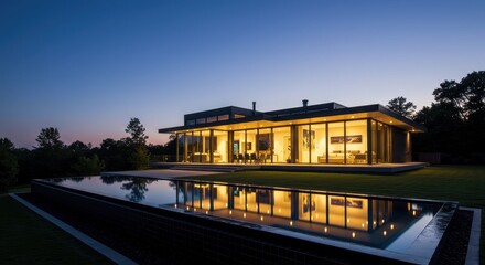 Fototapeta premium A sleek modern home with large glass windows reflecting the calm twilight sky