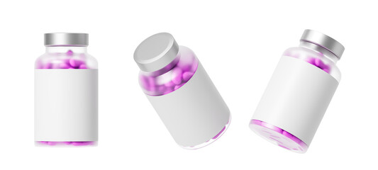 Transparent jar with medical pills from different sides on a white background. Isolated. 3d rendering