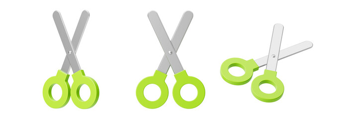 Green scissors from different sides. Isolation. On a white background. 3d rendering.