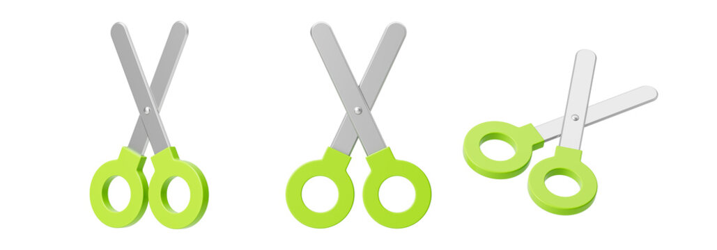 Green scissors from different sides. Isolation. On a white background. 3d rendering.