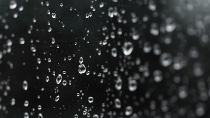 Raindrops on reflective glass surface with dark background