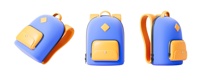 Blue school backpack from different sides. Isolation. On a white background. 3d rendering.