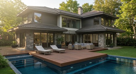 Fototapeta premium A sleek two-story house with large windows and a tiled roof, featuring a luxurious pool and wooden deck in the backyard