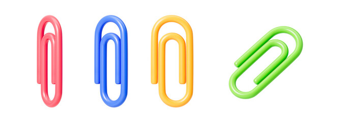Multi-colored paper clips from different sides. Isolation. On a white background. 3d rendering.
