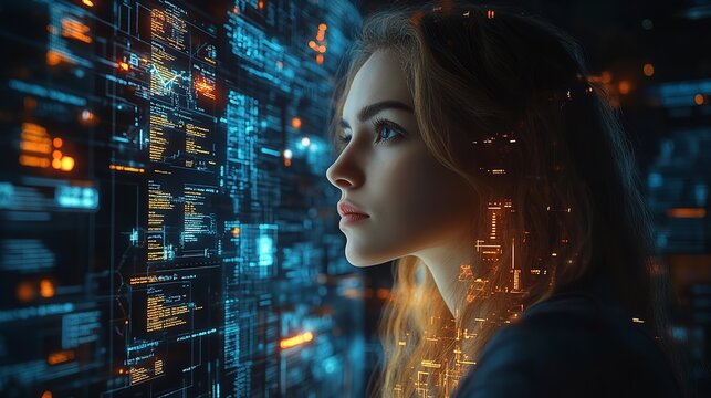 A woman looking at a digital screen with code and data visualizations with a focused expression