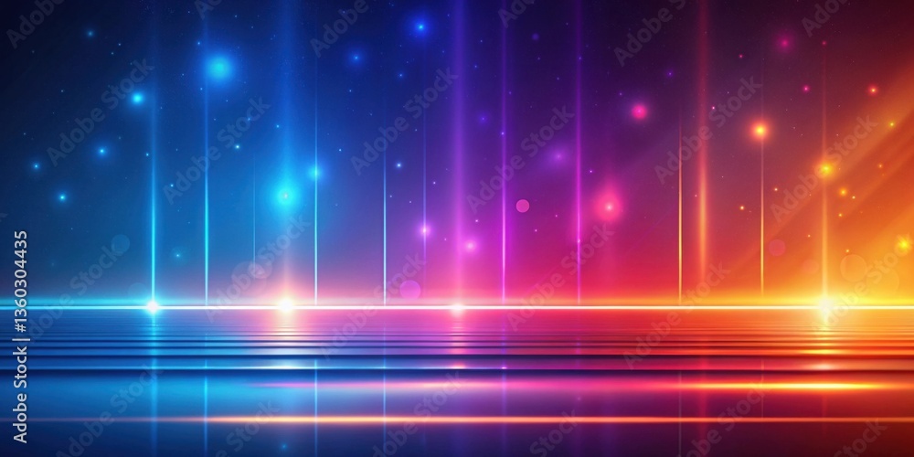Poster abstract colorful light beams and glowing reflections on a dark stage