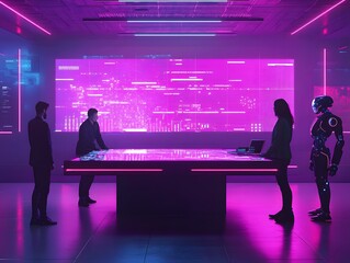 Futuristic digital workspace with neon lighting and virtual reality technology