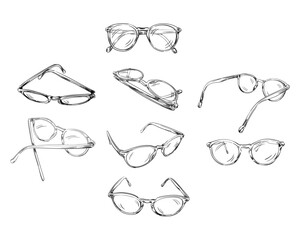 The set of eight vector ink sketches of glasses in different views